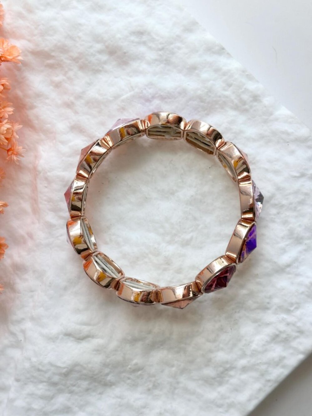 Monet Designer Signed Gold Toned Pink & Orange Rhinestone Stretchy Link Bracelet - Picture 10 of 12